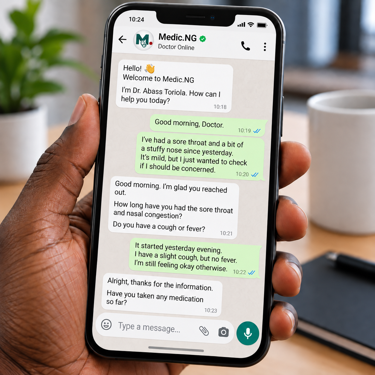 A patient chatting with Medic.ng on WhatsApp about a high blood pressure reading
