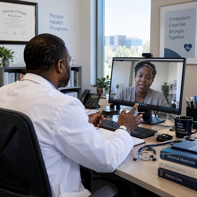 A doctor and patient during an online video consultation